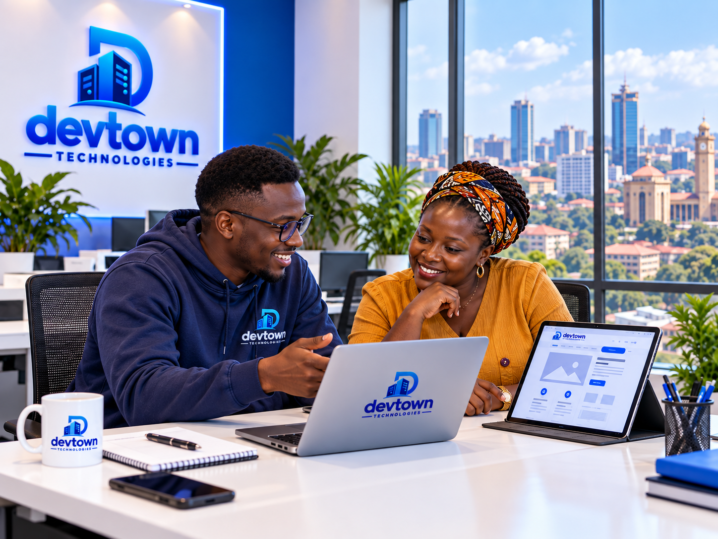 Devtown professionals collaborating in a modern office